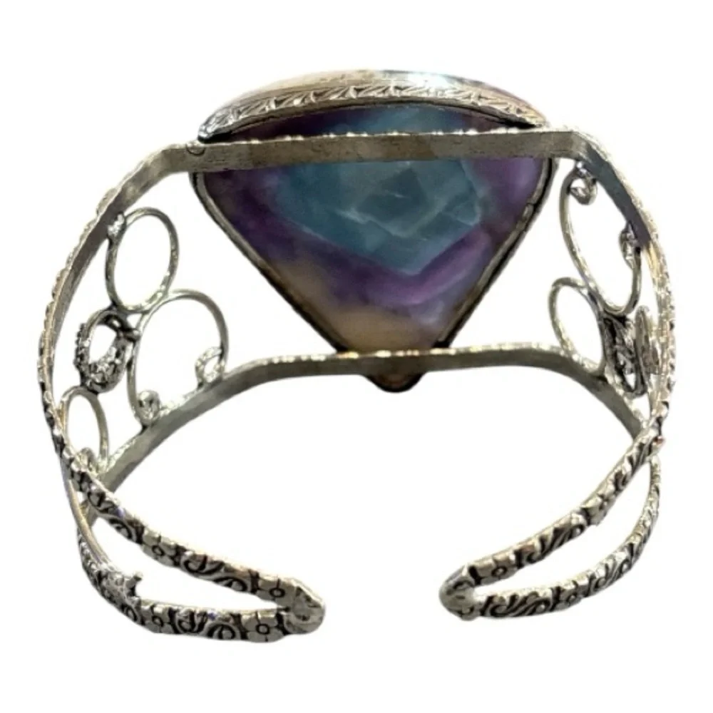 925 Sterling Silver Rainbow Fluorite Pear Shaped Gemstone Boho Cuff Bracelet - Picture 6 of 12